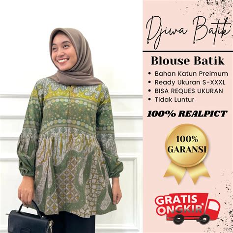 Jual Blouse Wanita Lengan Balon MOTIF RAMADHANI HIJAU Batik Kantoran