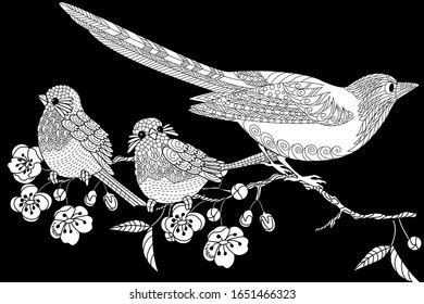 Birds Hand Drawn Vintage Style Flowers Stock Vector Royalty Free