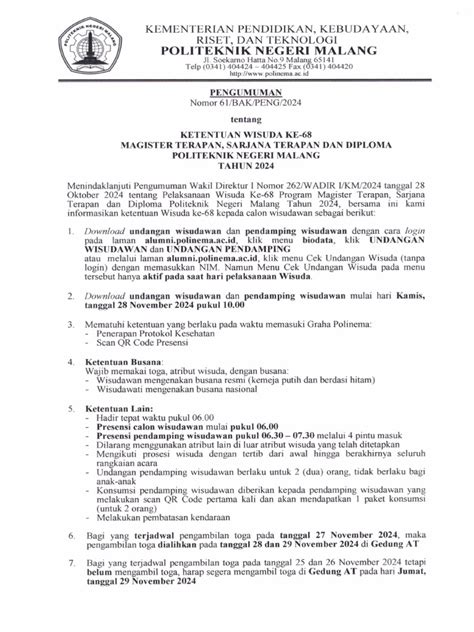 61 Ketentuan Wisuda Ke 68 Tahun 2024 Politeknik Negeri Malang Pdf