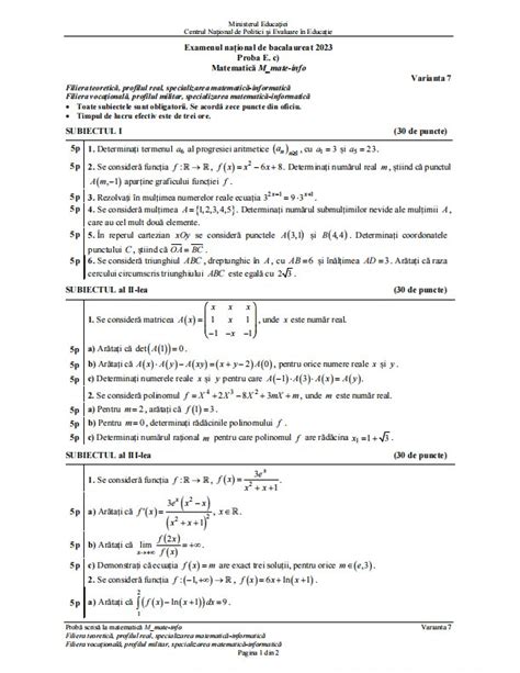 Galerie Foto Subiectele la Matematică profil mate info de la