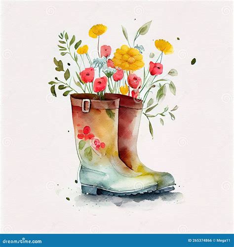 Generative Ai Watercolor Rain Boots With Flowers On White Background