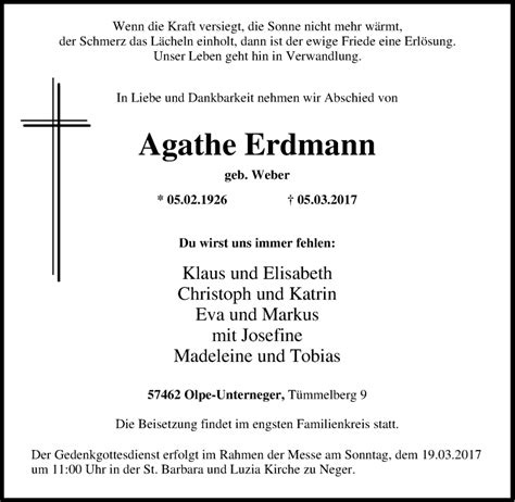 Traueranzeigen Von Agathe Erdmann Trauer In Nrw De