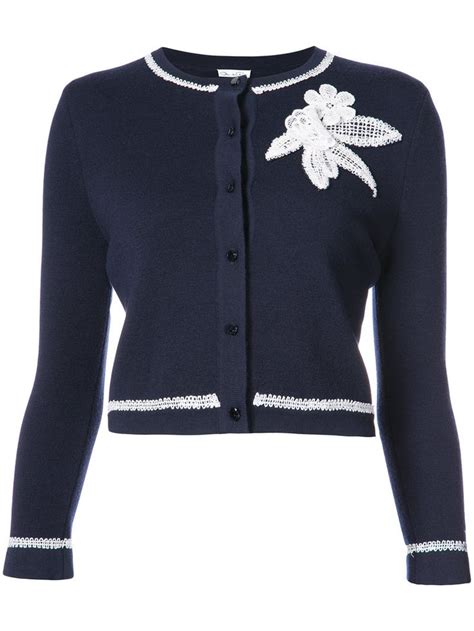 Oscar De La Renta Floral Embroidered Cardigan In Blue White ModeSens