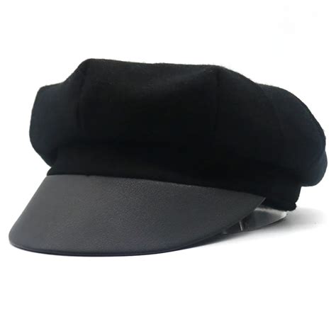 Autumn Winter Unisex Beret Hats Pu Leather Brim Wool Beret Cap Boina