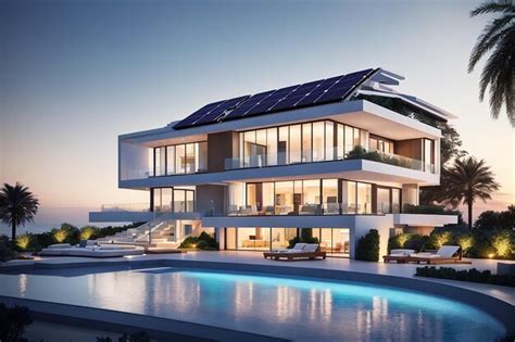 3d Weergave Van Een Indrukwekkende Moderne Villa Met Zonnepanelen Met