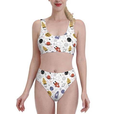 Lukts Women High Waisted Bikini Set Rocket Planets Swimsuit 2 Piece