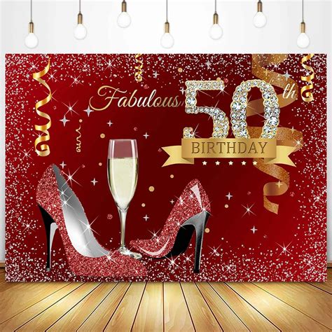 Sensfun 10x7ft Red Gold 50th Birthday Backdrop Glitter