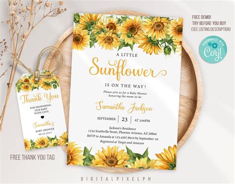 Editable Sunflower Baby Shower Invitation Template, Sunflower Baby ...