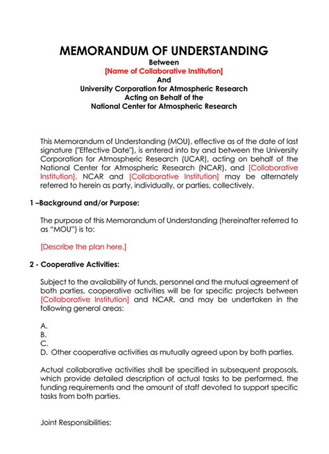 Memorandum Of Understanding Format Templates