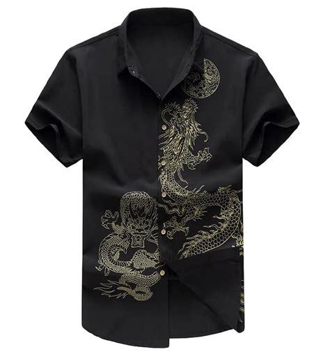 Abetteric Mens Stylish Dragon Print Short Sleeve Slim Button Up Shirt