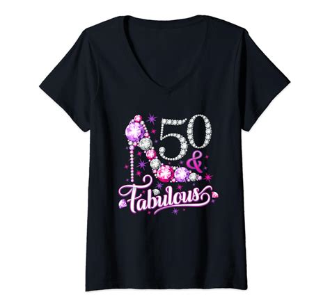 Womens 50th Birthday Design 50 And Fabulous Ladys V Neck T Shirt Clothing