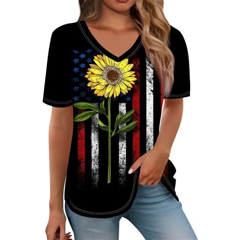 Gipqjk American Flag Shirts Women Short Sleeve Usa 4th Of July Flag Top Graphic Tees V Neck Tee