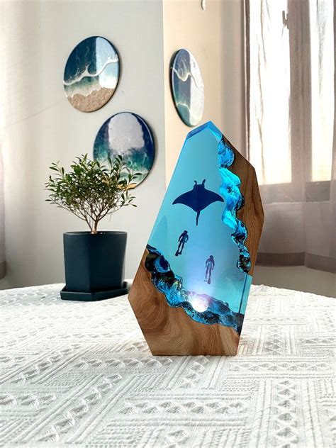 Manta Rays Couple Divers Night Light Large Epoxy Resin Wood Etsy