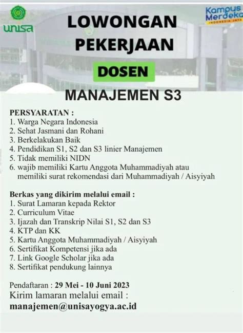 Lowongan Kerja Dosen Manajemen S Di Unisa Nugasin