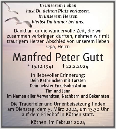 Traueranzeigen Von Manfred Peter Gutt Abschied Nehmen De