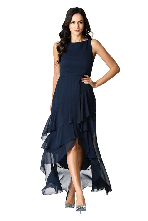 Shop Asymmetric Ruffle Tier Chiffon Maxi Dress Eshakti