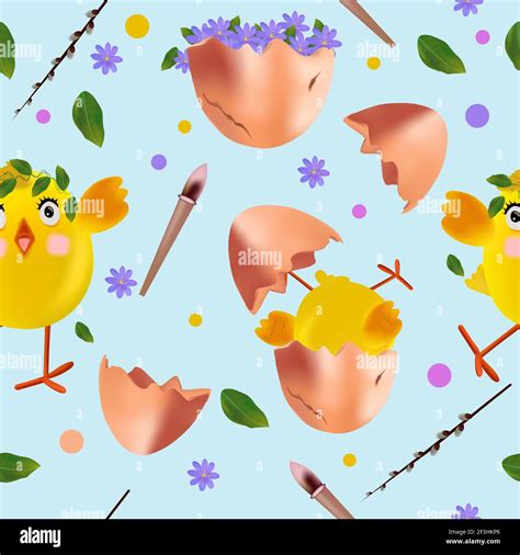 Seamless Pattern With Easter Chicken Flowers Eggs Pussy Willow Funny Cartoon Chickens For