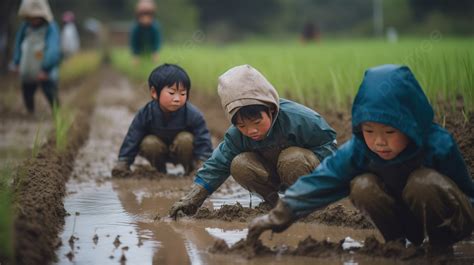 Three Children Play In Muddy Puddles While Planting Rice Background ...