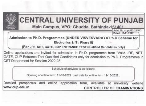 Direct Admission For Vacant Seats Ph D PG Short Term Programmes