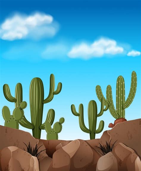 Escena Del Desierto Con Plantas De Cactus Vector Premium