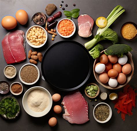 An Assortment Of Foods Including Meat Carrots Celery Eggs And Beans