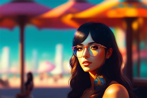 Lexica Cute Girl In Bikini Black Hair Wearing Glasses Psychedelic Patterns Outside Cafe