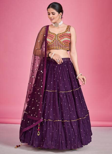 Buy Purple Georgette Wedding Wear Thread Work Ready To Wear Lehenga