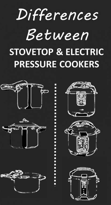 The Differences Between Stovetop And Electric Pressure Cookers Are Shown In This Black Poster