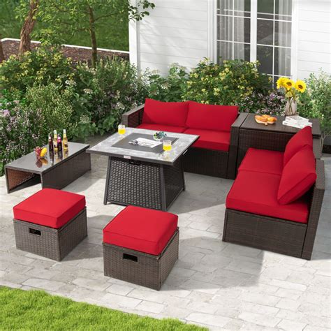 9 Pieces Patio PE Wicker Sectional Set with 50000 BTU Fire Pit Table - Costway