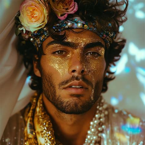 A Man With A Gold Glitter Crown And A Flower On His Head Premium Ai