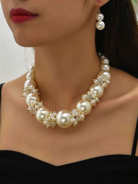 Free Returns Free Shipping Faux Pearl Decor Necklace Drop Earrings