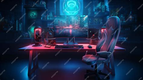 Premium AI Image | illuminated neon gaming desk setup with keyboard