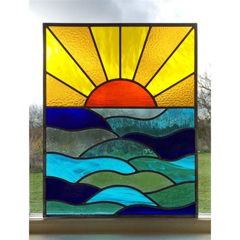 Handmade Stained Glass Window Door Panel Sun Set Sea Stained Glass Crafts Stained Glass