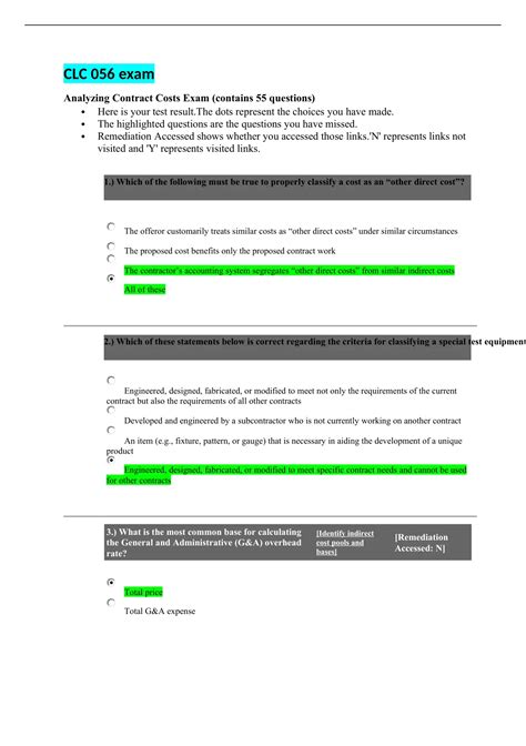 Clc Exam Analyzing Contract Costs Exam Contains Questions