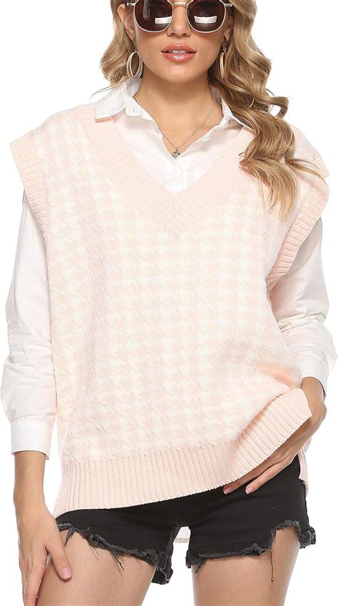 Amazon Yimoon Women S Loose Houndstooth V Neck Sleeveless Knitted