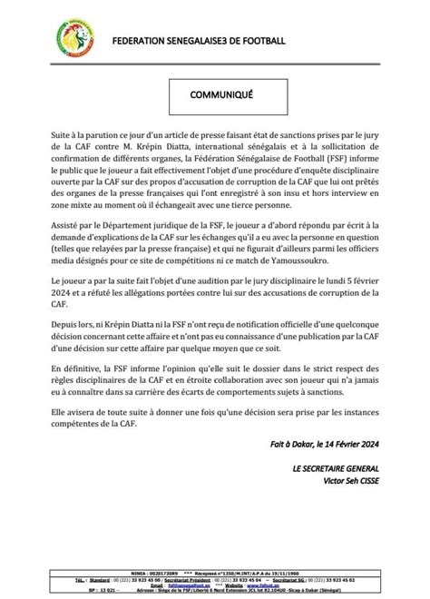 Can La Fsf D Ment Toute Sanction Contre Kr Pin Diatta Par La Caf