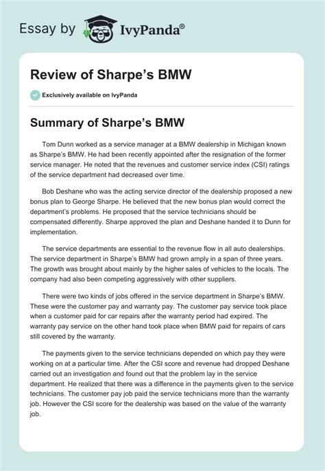 Review Of Sharpe S Bmw Words Case Study Example