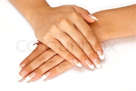 Girl S Hands With Perfect Nail Manicure On White Background Stock