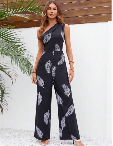 Shein Vcay Feather Print One Shoulder Wide Leg Jumpsuit Shein Outfits