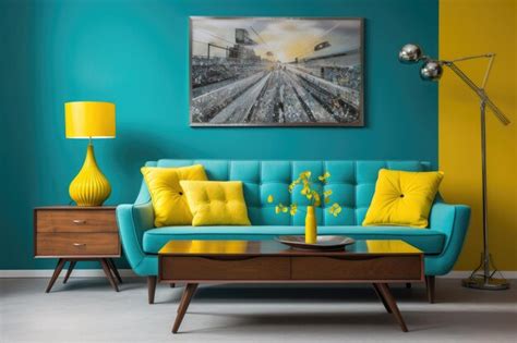 Teal Sofa And Yellow Accent Chair Retro Interior Design Of Living Room