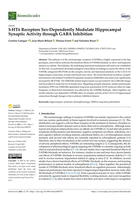 Pdf 5 Ht6 Receptors Sex Dependently Modulate Hippocampal Synaptic