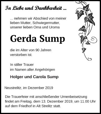 Traueranzeigen Von Gerda Sump Trauer Nordkurier