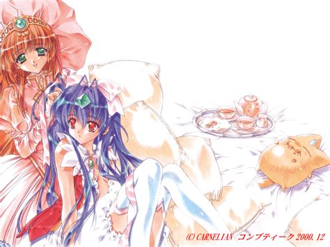 2girls Bed Blue Hair Bow Breasts Brown Hair Carnelian Cleavage Doll