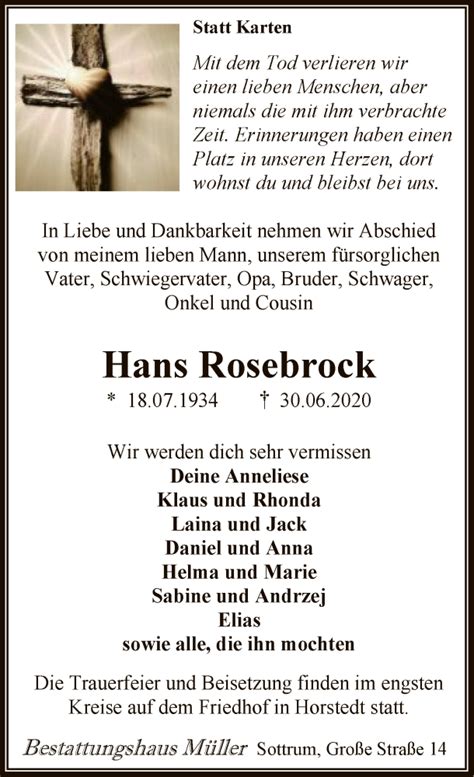 Traueranzeigen Von Hans Rosebrock Trauer Kreiszeitung De