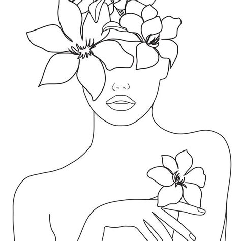 Minimal Line Art Woman With Flowers Iv Pillow Sham By Nadja Dibujos