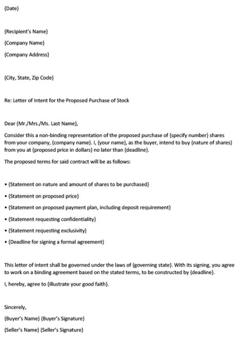 Stock (Shares) Purchase Letter of Intent | Template & Example | MS Word