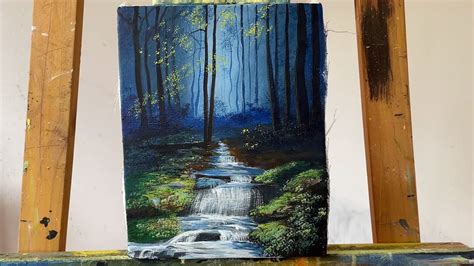 Pintando Cascada Y Bosque Azul Pintura De Paisaje Relajante Paisaje