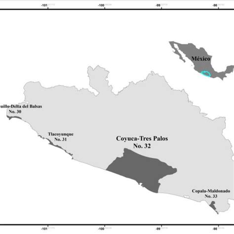 Ubicación del Estado de Guerrero y de las Regiones Marinas Prioritarias