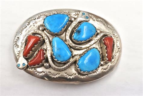 Effie Calavaza Zuni Sterling Silver Turquoise Red Coral Snake Belt Buckle