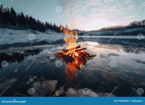 Campfire In The Middle Of Frozen Lake With Ice Floating On Its Surface Stock Illustration